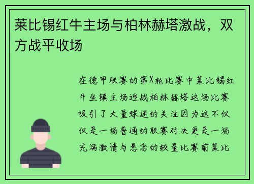 莱比锡红牛主场与柏林赫塔激战，双方战平收场
