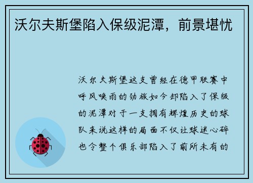 沃尔夫斯堡陷入保级泥潭，前景堪忧