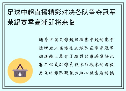足球中超直播精彩对决各队争夺冠军荣耀赛季高潮即将来临